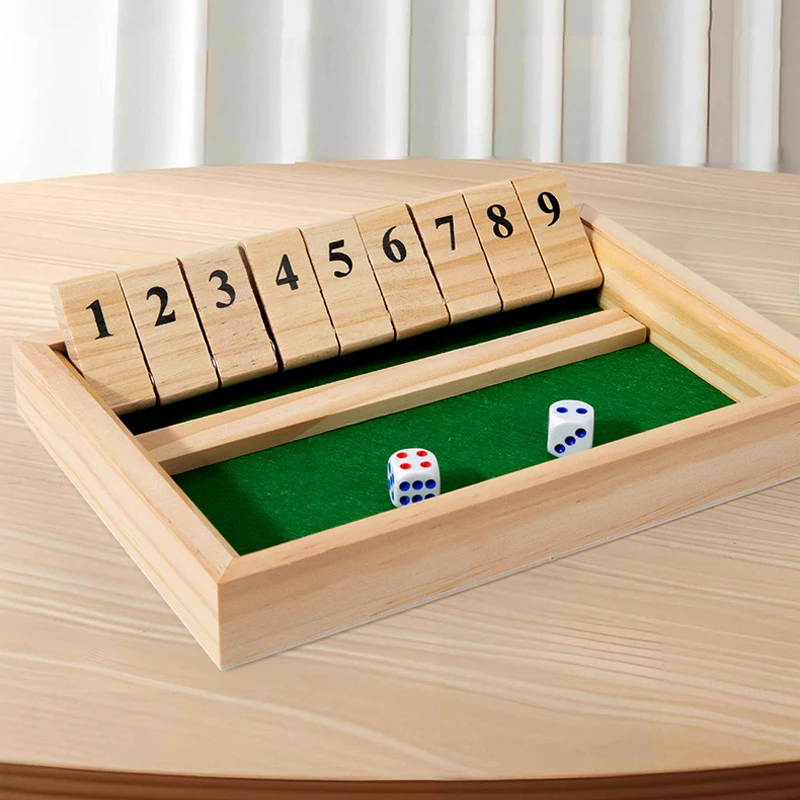 Shut The Box-Spiel – Zahlenbrettspiel aus Holz mit zwei Würfeln, tragbares Reise-Familien-Partyspiel für Erwachsene und Jugendliche, Strategiespiel