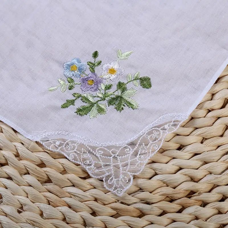 5 unidades lenços femininos algodão bordados florais para bolso renda borboleta Ha