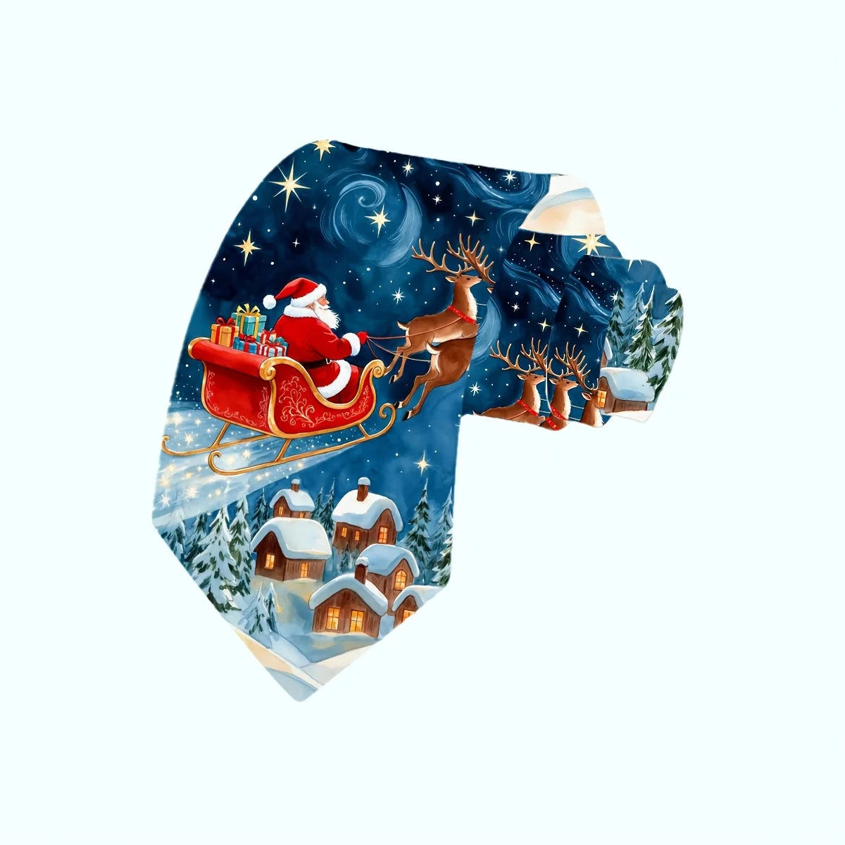 A Santa Claus Flying Over The Starry Sky Snow Village Scene Painting Display Men'S Tie, High-Quality Fashion Casual