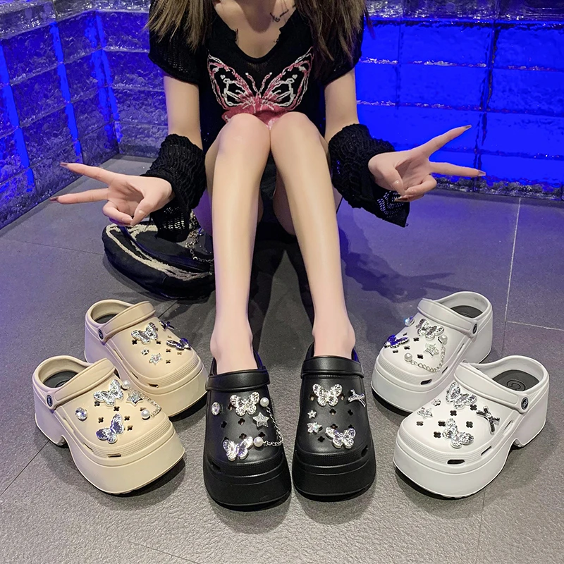 Women's Shoes 36-41 Silent Platform Slippers Outdoor Metallic Sandals Spring Breathable High Heels Light Casual Shoes