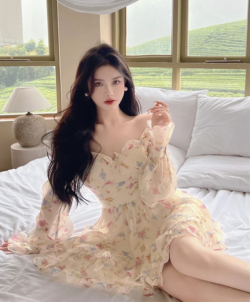 Vestidos de verano para mujer, Vestido dulce de gasa para mujer con cuello en V, bata Floral de manga larga, Túnica femenina, Vestido coreano con volantes a la moda