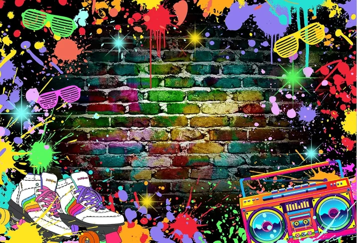 Neon Retro 80s Party Backdrop Paint Splatter Brick Graffiti Glow Party 80s 90s Disco Themed Blacklight Photography Background