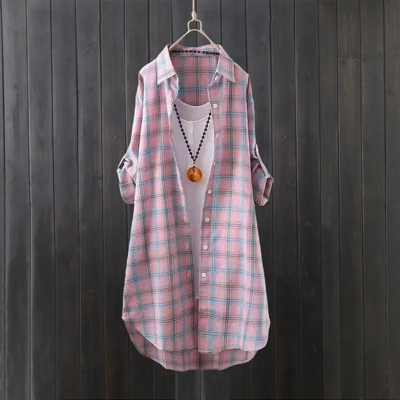 Plaid shirt women's summer long loose large size top long-sleeved cotton and linen shirt sun protection shirt thin jacket