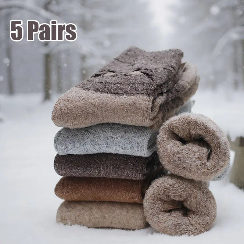 

5 пар новых зимних теплых носков, шерстяные мужские и женские носки, однотонные супер толстые носки, носки из мериносовой шерсти, снежные рождественские носки, размер 36-42