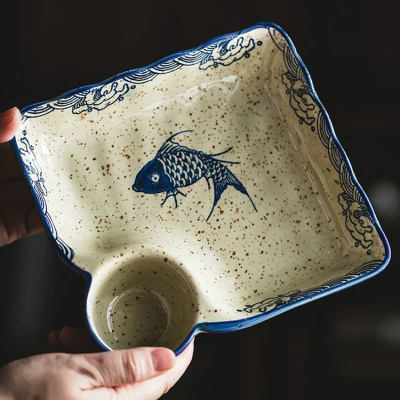 1PC Chinese Style Ceramic Dumpling Plate With Vinegar Dish Retro Tableware Household Japanese Style Serving Plate For Dumplings