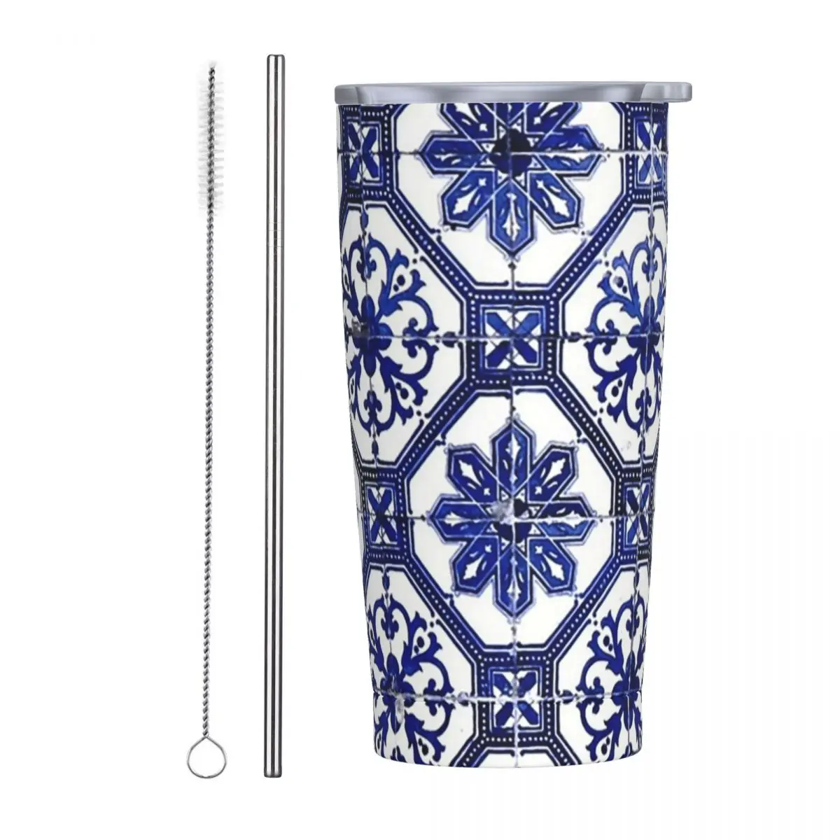 Blue And White Portuguese Tile Stainless Steel Tumbler Vacuum Insulated Mug Thermal Cold Cups Straws With Lid 20oz