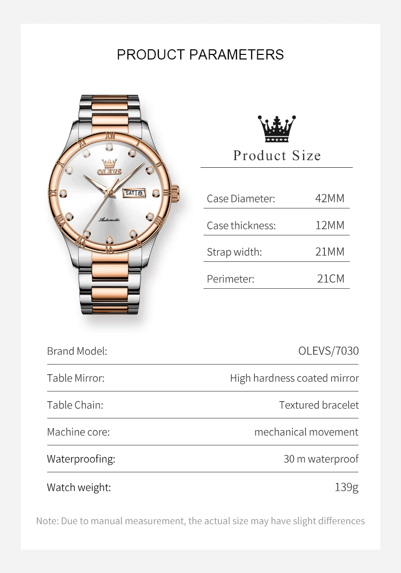 OLEVS 7030 Men's Luxury Watch Dual Calendar Diamond Dial Luminous Mechanical Automatic Wristwatch for Man Original