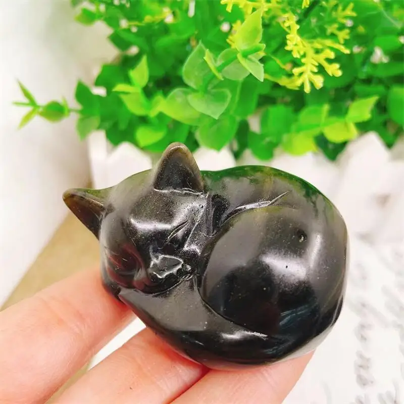 

6.2CM Natural Golden Obsidian Sleeping Cat Carving Carved Statue Animal Fashion Home Ornament Art Collectible Gift 1PCS