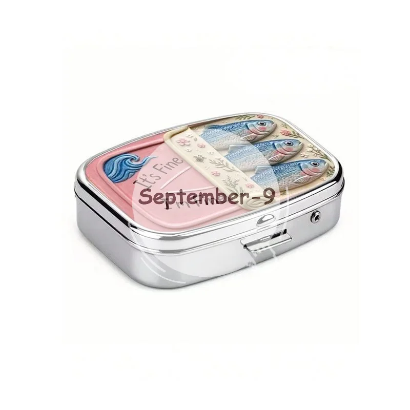 2 Compartments Metal Pill Box, It's Fine I'm Fine Sardine Print Portable Pocket Pill Case, Mini Travel Medicine Storage Contain