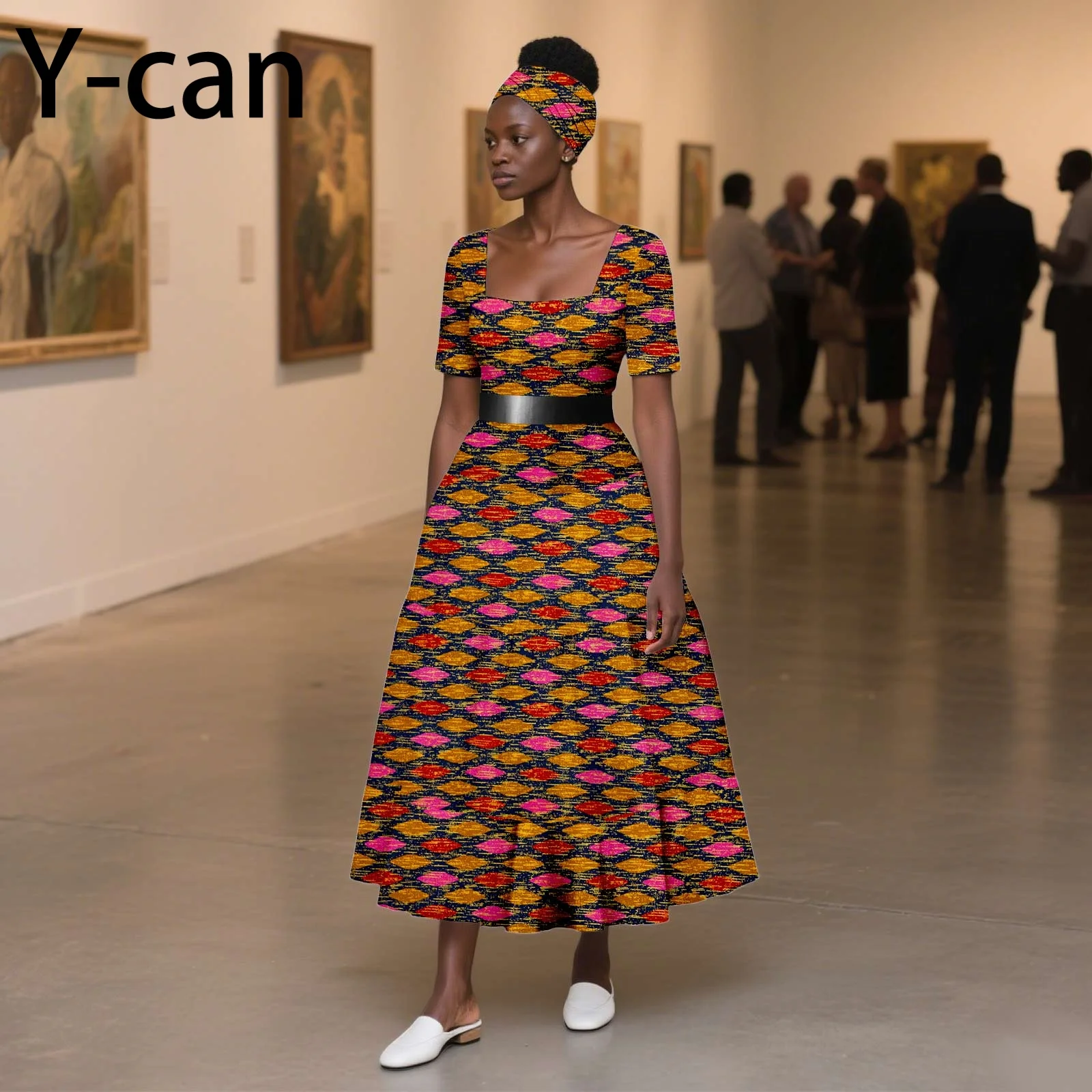 Ankara Fashion Square Collar Short Sleeve Dashiki Print Dress with Headwrap Elegant Lady Dresses African Style 2525102 - view 5