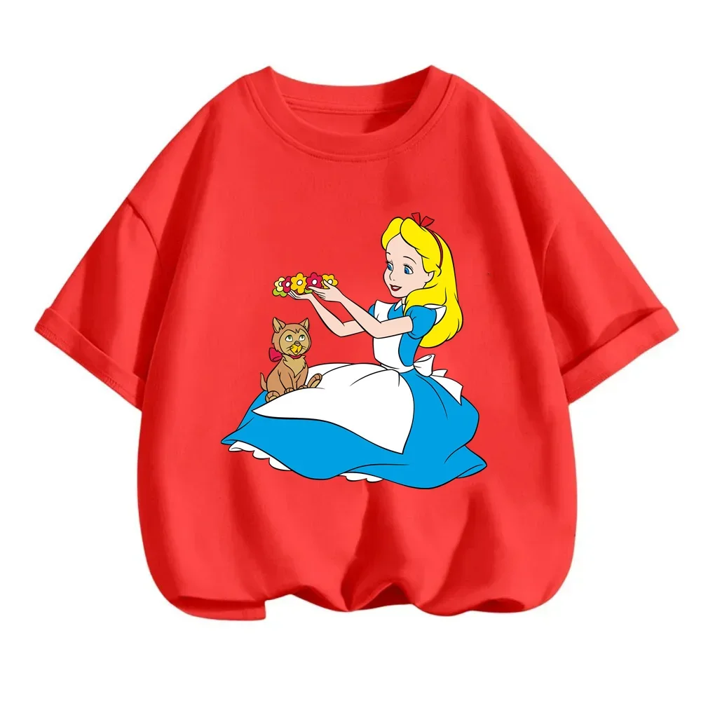 Cool Disney Alice in Wonderland Summer T-Shirts for Kids Q-Version Cartoon Prints O-Neck Trendy Street Upper Wear for Boys Girls