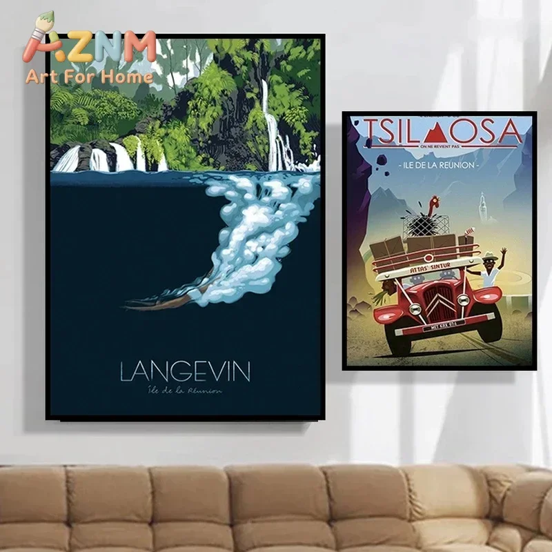 AZNM La Reunion Island Vintage Travel Canvas Wall Art Tropical Beach Mountain Scenery Retro Frameless Print Poster for Home Deco