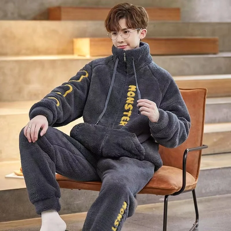 Male Zipper Pajamas Sets Winter Coral Fleece Warm Thickened Sleepwear MenThermal Flannel Pyjamas Turtleneck Lounge