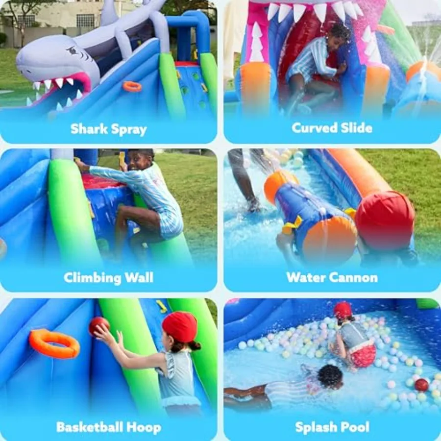 Inflatable Water Slide Park for Backyard 6-in-1 PVC Blue Outdoor Water Park with Splash Pool, Bounce House, Basketball Hoop, Wa view 5