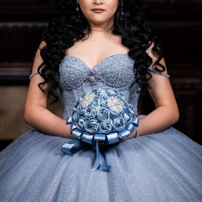 

Shiny Haze Blue Quinceanera Dress glitter flower Pearl jewelry Long tail Bow Vestidos De 15 Quinceanera ﻿Customize