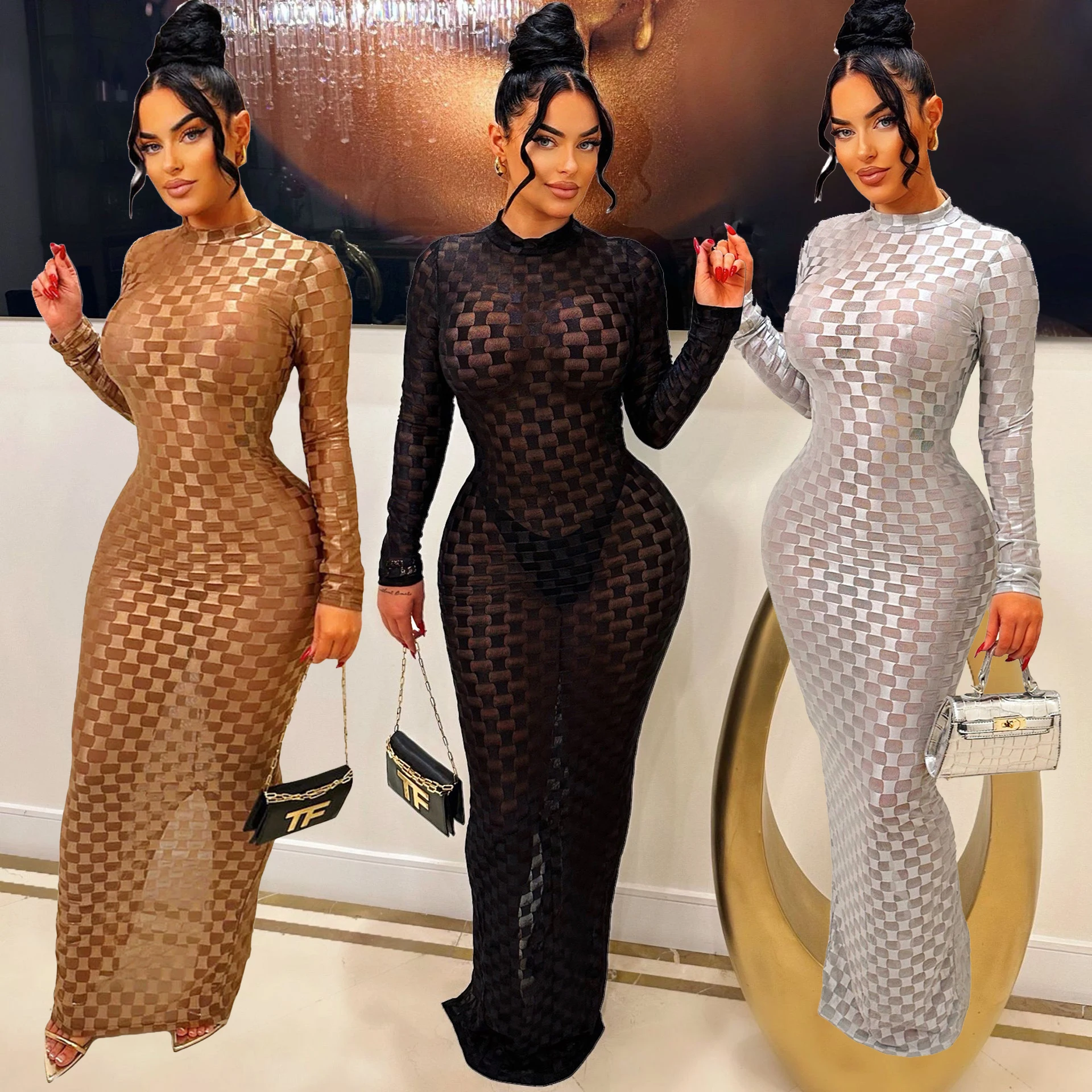 Mesh Sheer Plaid Dress Evening Prom Party Dresses 2023 Winter Fall Women Luxury Bodycon Club Elegant Lady Maxi Sexy Long Dress