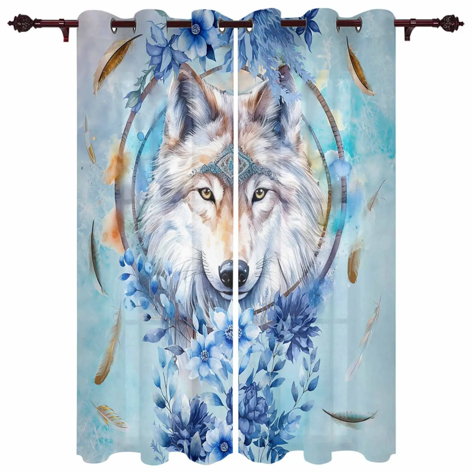 Watercolor Wolf Flower Feather Window Curtains for Living Room Luxury Bedroom Curtains Coffee Dining Room Drapes