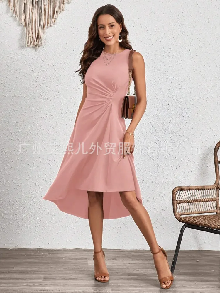

A-line Dress Dresses 2025 Woman Vestidos Temperament Elegant Women's Clothing Solid Color Sleeveless Solid Color Round Neck Silm