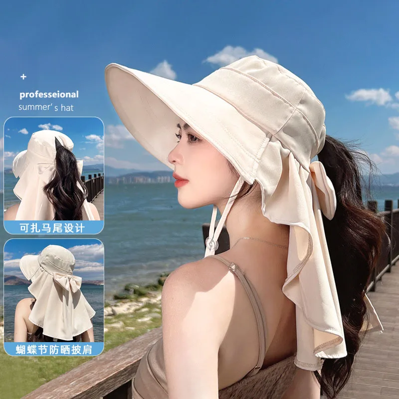 Women Ponytail Fisherman Hat Camping Outdoors Hiking Bucket Hats Solid Large Brim Sun Protection Hat Korean Version Fashion Cap