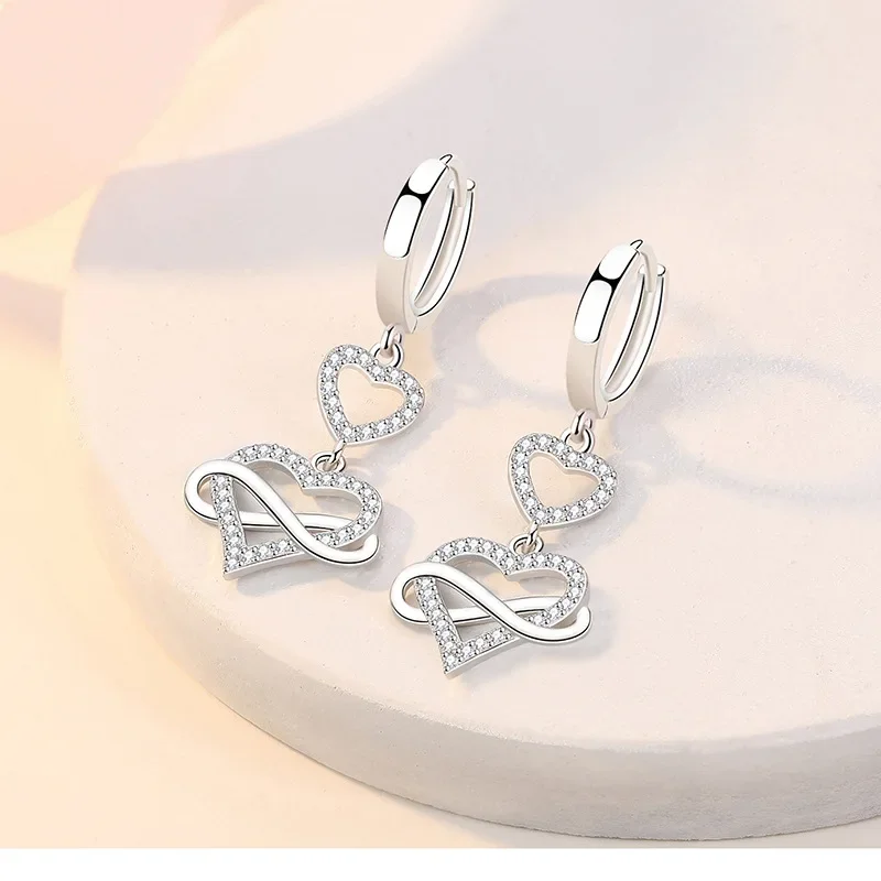 Luxury Female Earring 925 Sterling Silver Bowknot Heart To Heart Zircon Earrings for Women Infinity Eternal Endless Jewelry Gift
