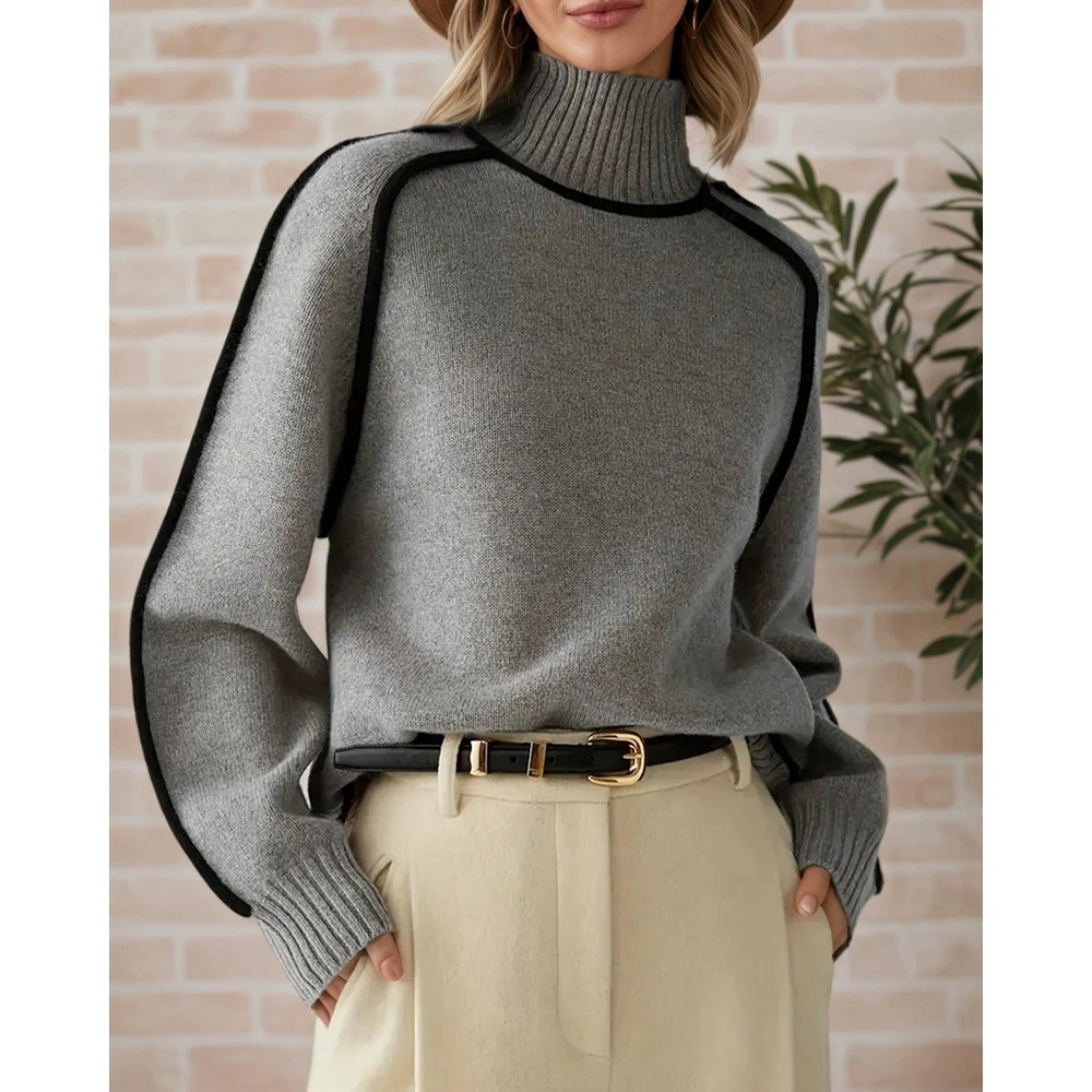 

Women Autumn Winter Pullover Sweater Colorblock Striped High Neck Detail Knit Sweater Long Sleeve Casual Ribbed Pullover Top