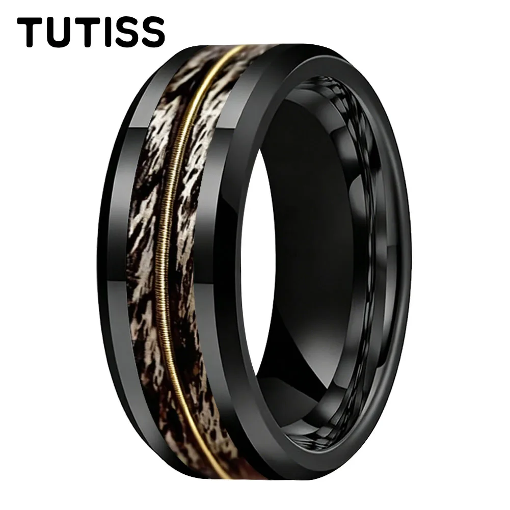 Men's 8mm Black Tungsten Ring Gray Oak Wood&Guitar String Inlay Ring Beveled Edge Polished Wedding Band Music Lover Jewelry Gift
