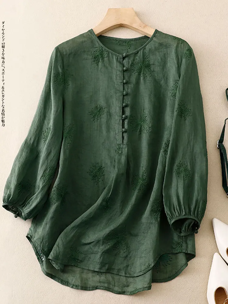 

Casual Embroidered Cotton Linen Loose Women's irt Vintage Large Size Seven Sve Loose Cotton Linen Top Faionable Sun Pr...