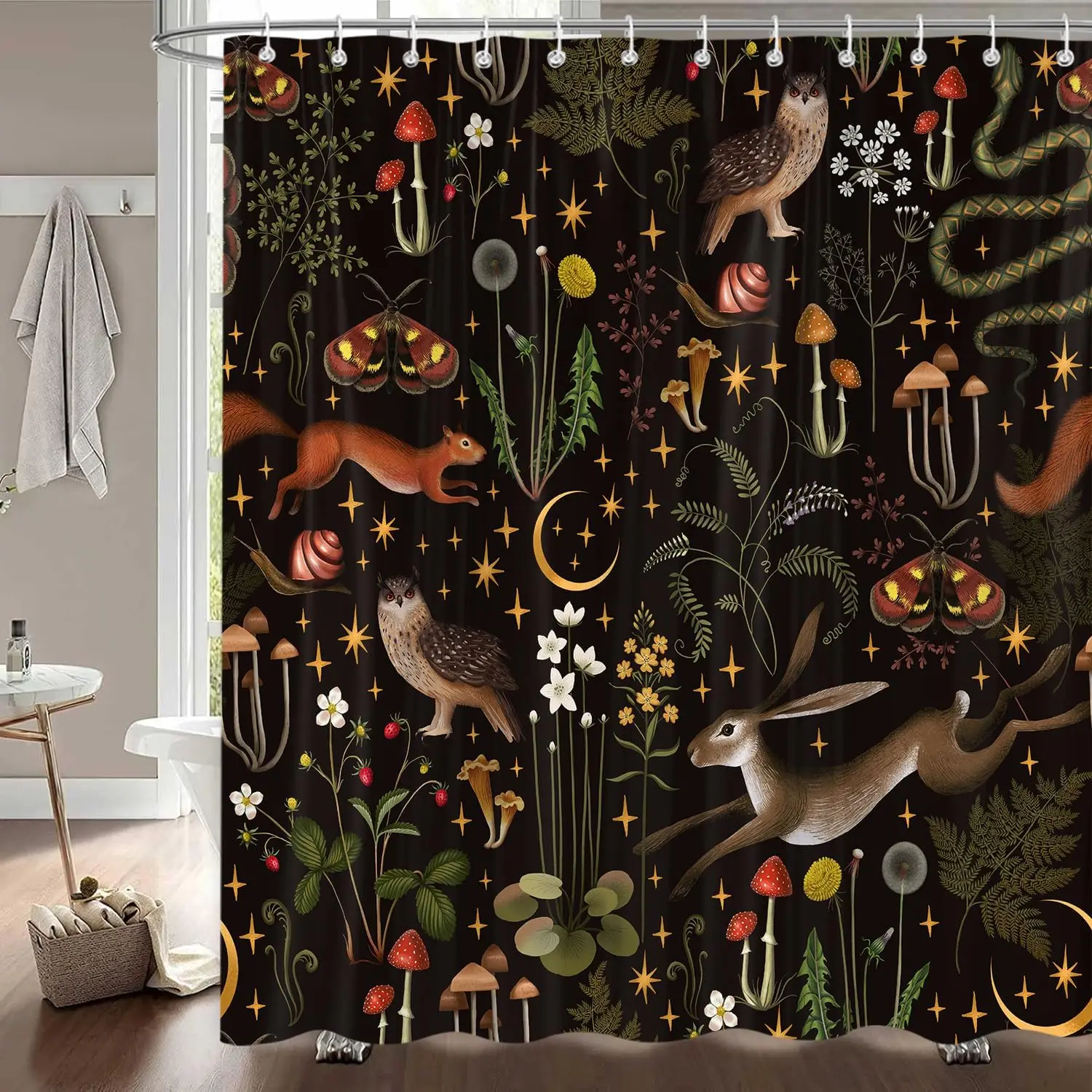 Fairy Rustic Forest Shower Curtain, Boho Cute Funny Gothic Vintage Mushrooms Woodland Wild Animals Butterfly Shower Curtain for Bathroom, Waterproof Fabric Bathroom Curtain Set with Hooks 72X72Inch