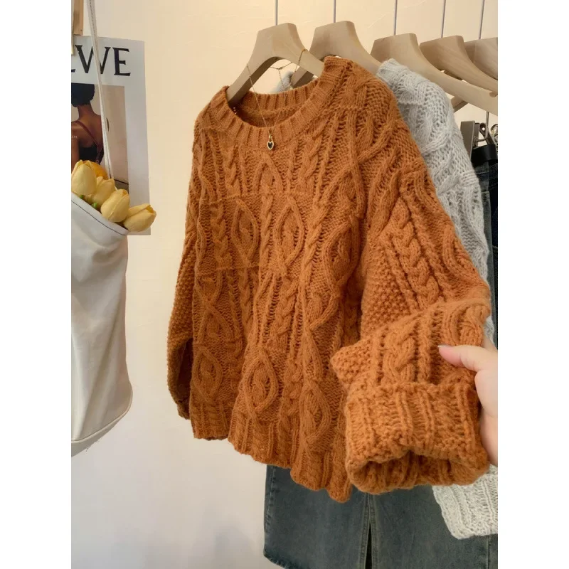 Vintage Korean Style Knit Pullover Sweater Women's Winter Loose Fit Cable Knit Round Neck Top Soft Supple Outerwear