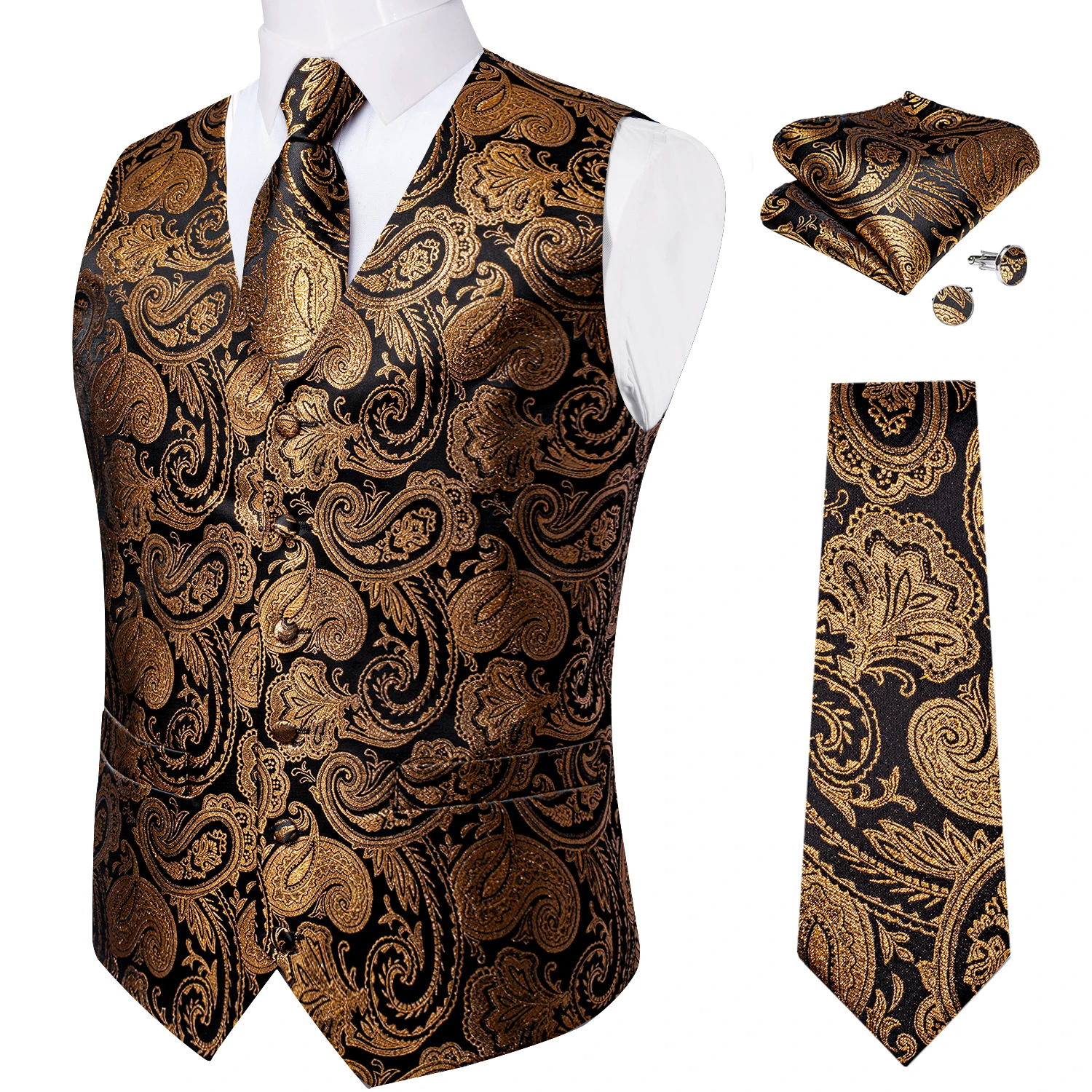 Luxury Brown Paisley Silk Suit Vest Set for Men Neck Tie Pocket Square Cufflinks Wedding Party Tuxedo Male Blazer Waistcoat