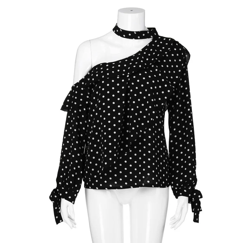 Summer Women Cottagecore Fashion Strapless Hanging Neck Cuff Bow Long-sleeved Polka Dot Blouse Lantern Sleeve Ruffled T-shirt