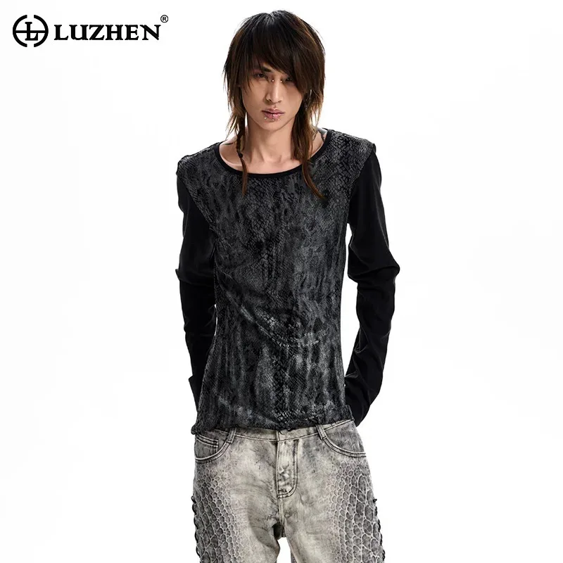 LUZHEN 2026 New Stylish Tie-dyed Pattern Slim Splicing Long Sleeve T-shirts Men's Handsome High Quality Round Neck Tops JY9344