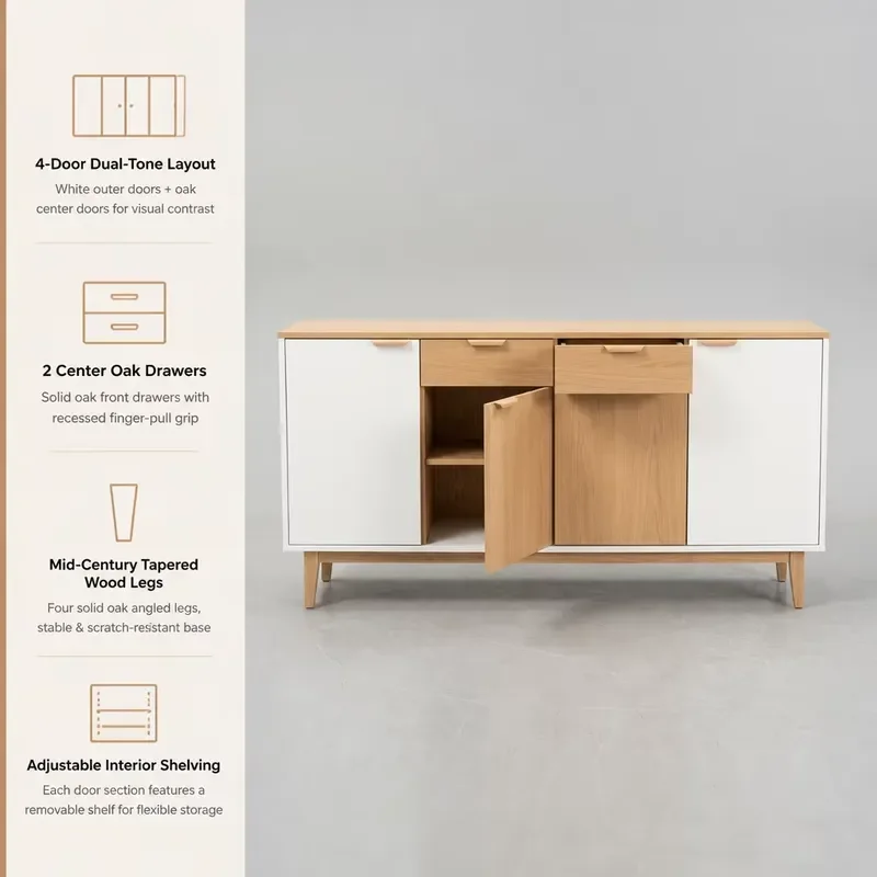 for   White Side Cabinet 4 Doors 2 Drawers Dining Buffet Medieval Style Tapered Legs Adjustable Shelving Scandinavian