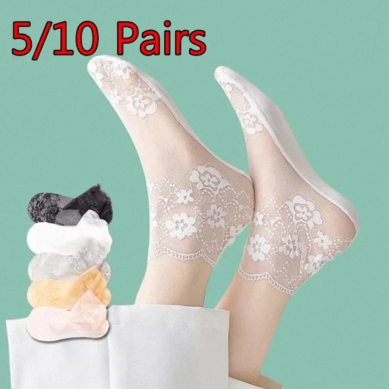 Chaussettes Courtes en Coton Respirant pour Femme, 5/10 Paires, Haute Qualité, Solide, Dentelle, Fleur, Rinçage, Nouvelle Collection 2024