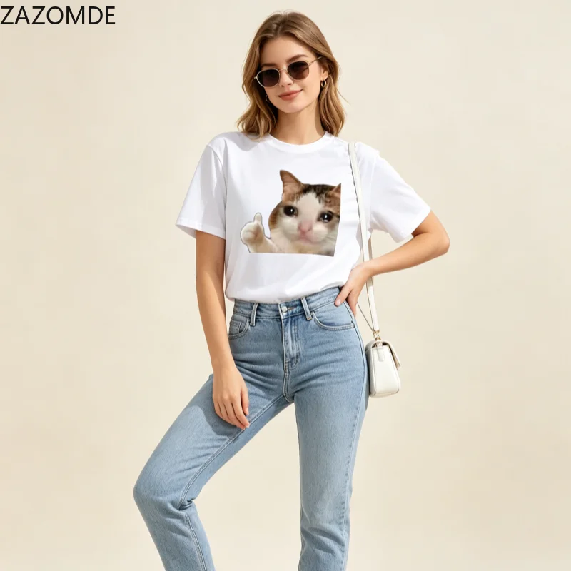 ZAZOMDE 2026 Trendy Humor Meme Tshirt Crying Thumbs Up Cat Picture Print Loose Fit Adult Fashion Daily Short Sleeve Tops
