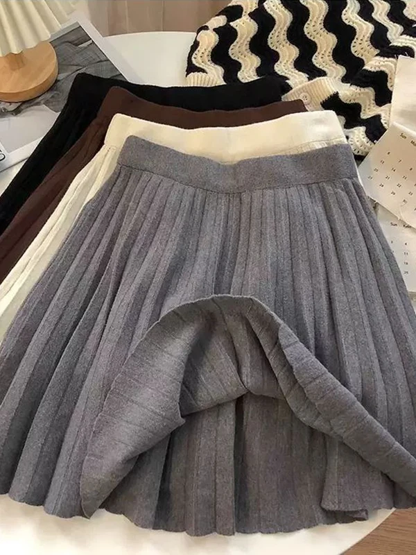 

Юбка А-силуэта большого размера с высокой талией, вязаная, женская, осенне-зимняя, теплая, повседневная, из полиэфирного волокна, с эластичной талией