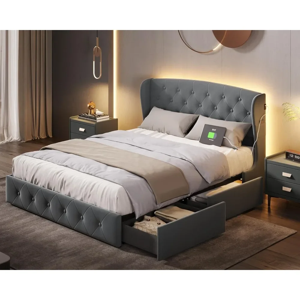 Bed Frame with 4 Drawers, Velvet Upholstered Platform Bed with Button Tufted Headboard & Wingback, LED Lights, Type-C Chargers