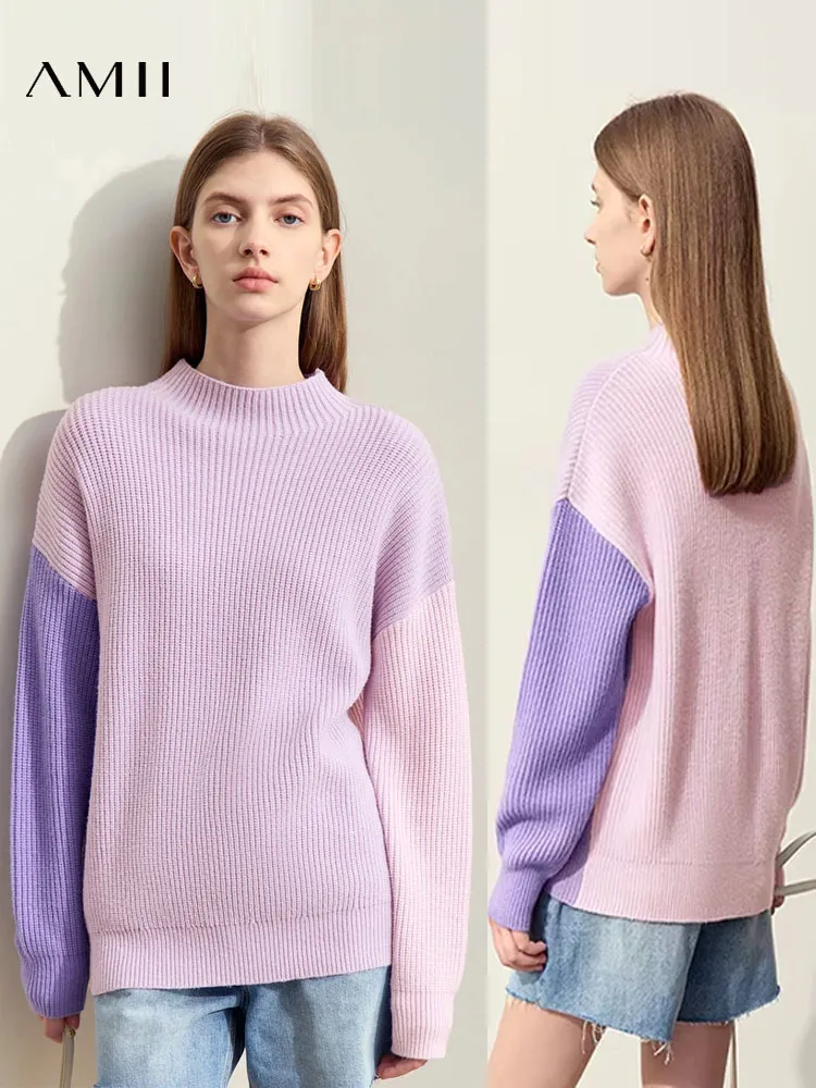 AMII Sweater rajut untuk wanita, baju hangat Turtleneck 2024, atasan kasual longgar musim dingin, desain Patchwork warna Morandi, Jumper rajut untuk wanita