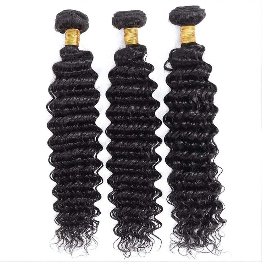 Extensiones de cabello humano 100% Real, mechones rizados de onda profunda brasileña, Color negro Natural