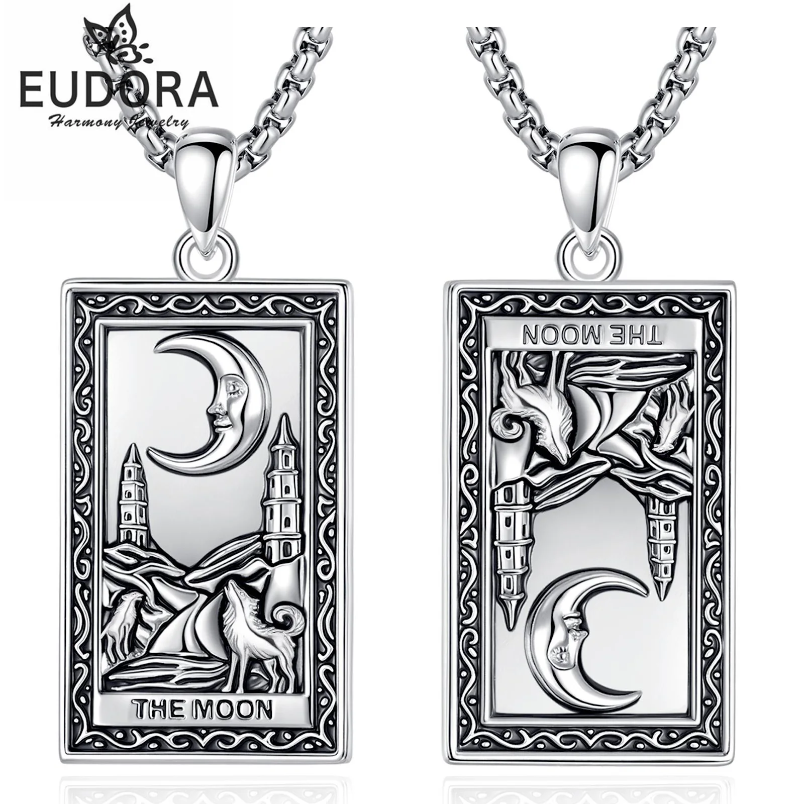 Eudora THE MOON Tarot Cards Necklace Copper Vintage Major Arcana Divination Amulet Pendant Spiritual Jewelry Gift for Women Men