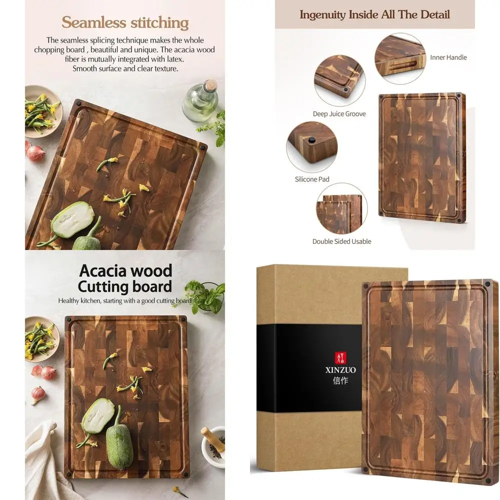 

Двусторонняя разделочная доска из акации с нескользящими ножками, ручками и желобком для сока - 19 x 14 x 1.5 дюйма, толстая, из древесины с поперечными волокнами