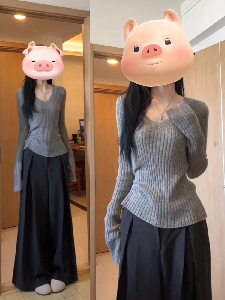 

Ay вязаный свитер с v-образным вырезом, женский облегающий базовый слой, весна-осень 2023, новинка Sle, американский ретро Sle Faionable