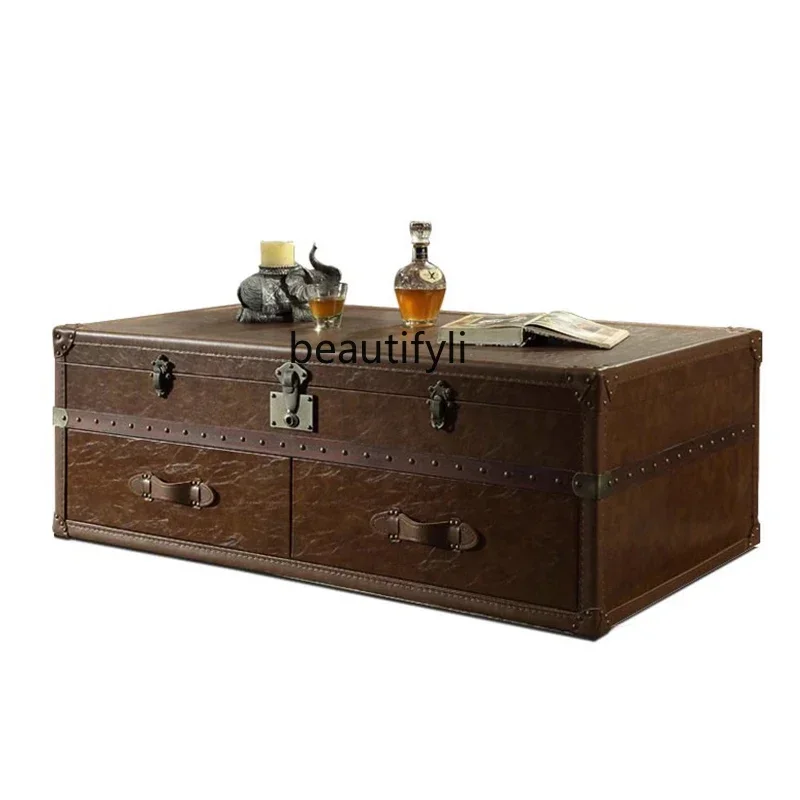 American retro leather box  light luxury rivets old cigar bar storage cabinet oil wax leather box coffee table cabinet