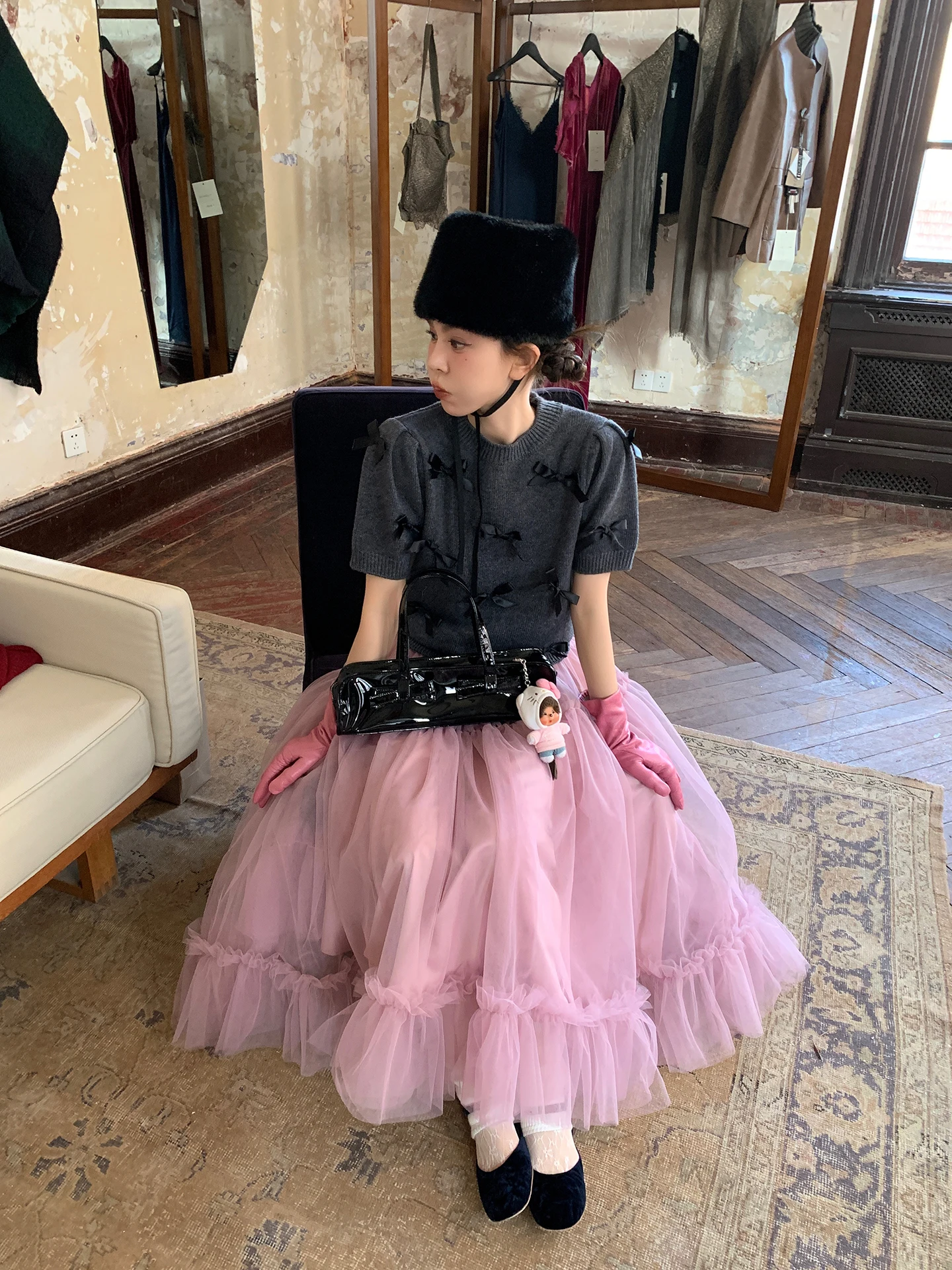 

Le Rouge ey Knitted Wool Blend Top with Ribbon Knot ort Sve Women's Ciwalk Winter Faion Straight Cut