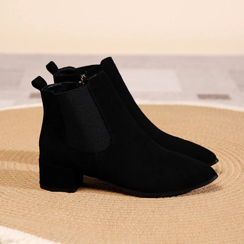 High-top boots - fall and winter nude boots, work shoes, extra-large size, pointed toe, medium thick heel, short boot 2025