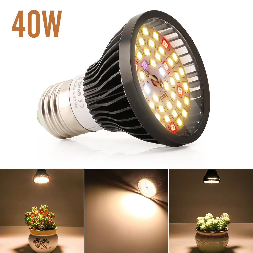 

40W E27 Full Spectrum Warm White Led Grow Light Black Shell Small Size Plant Bulb with Plastic Cover