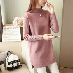 Elegant Stand Collar Solid Color Folds Beading Sweaters Women's Clothing Autumn Winter Loose Casual Pullovers Korean Tops
