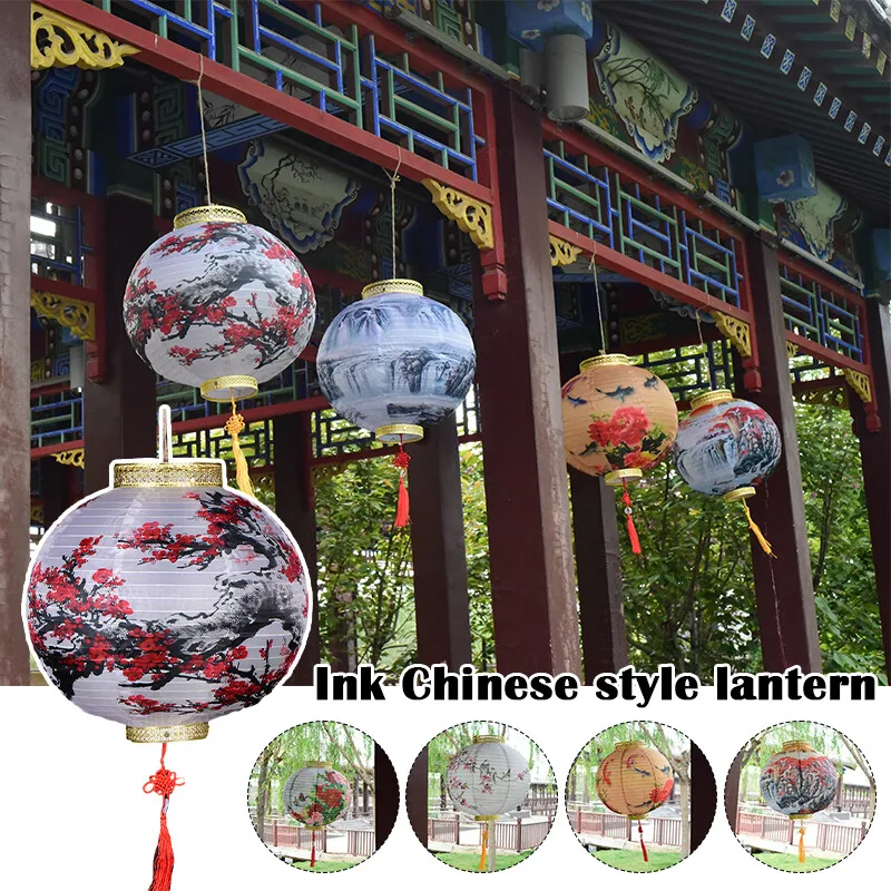 

32x36cm Chinese Ancient Handheld Lantern Hanging Lamp Ink Garden Holiday Decor Printed Flower Round Chinese Lantern Party Decor