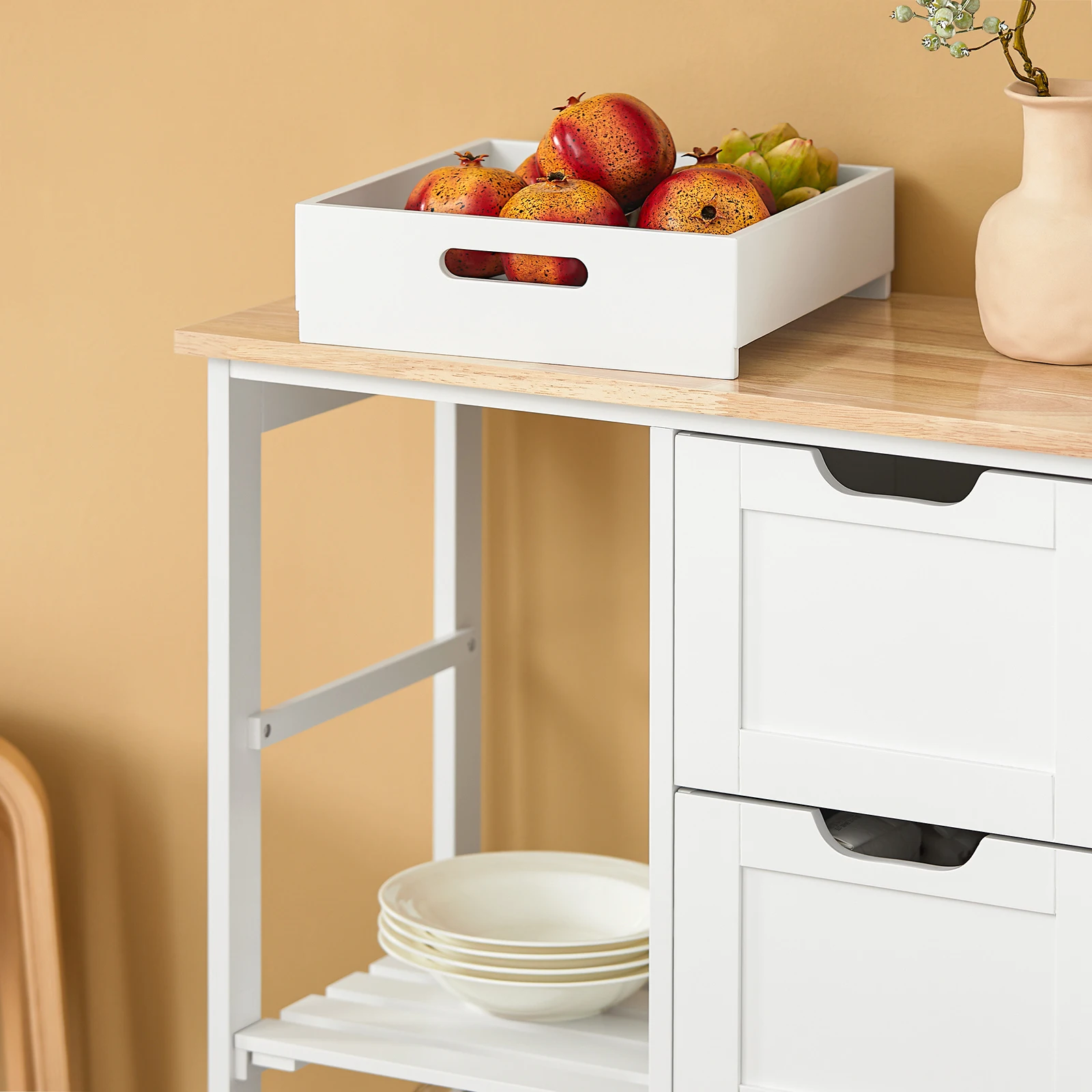 SoBuy FKW79 Küchenwagen zum Rollen mit 2 abnehmbaren Ablagen und 1 Tablett Rollwagen Für Küche, Wohnzimmer, Esszimmer – Detail 13