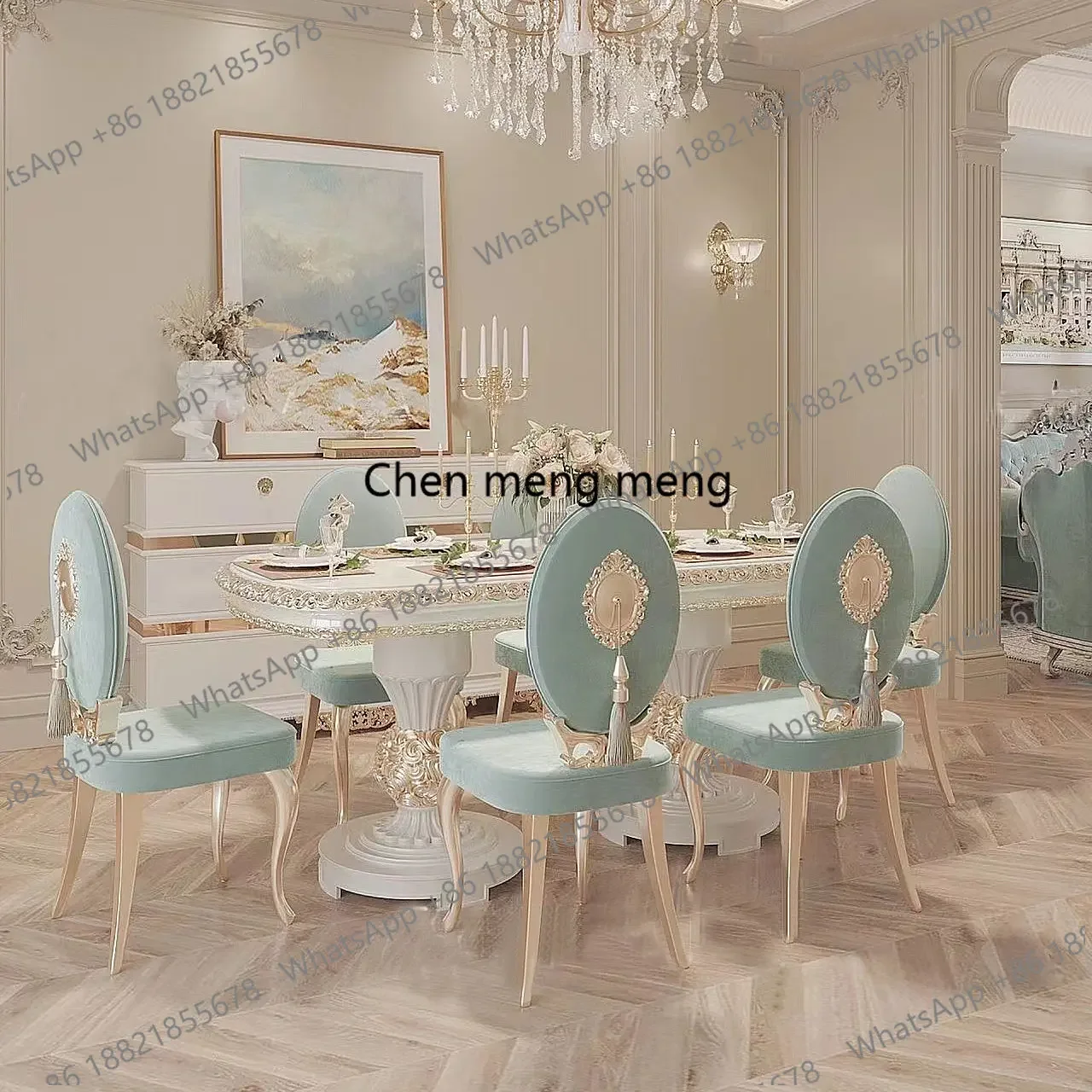 

Great discountsFrench solid wood dining table and chairs American light luxury oval carved dining table modern simple restaurant